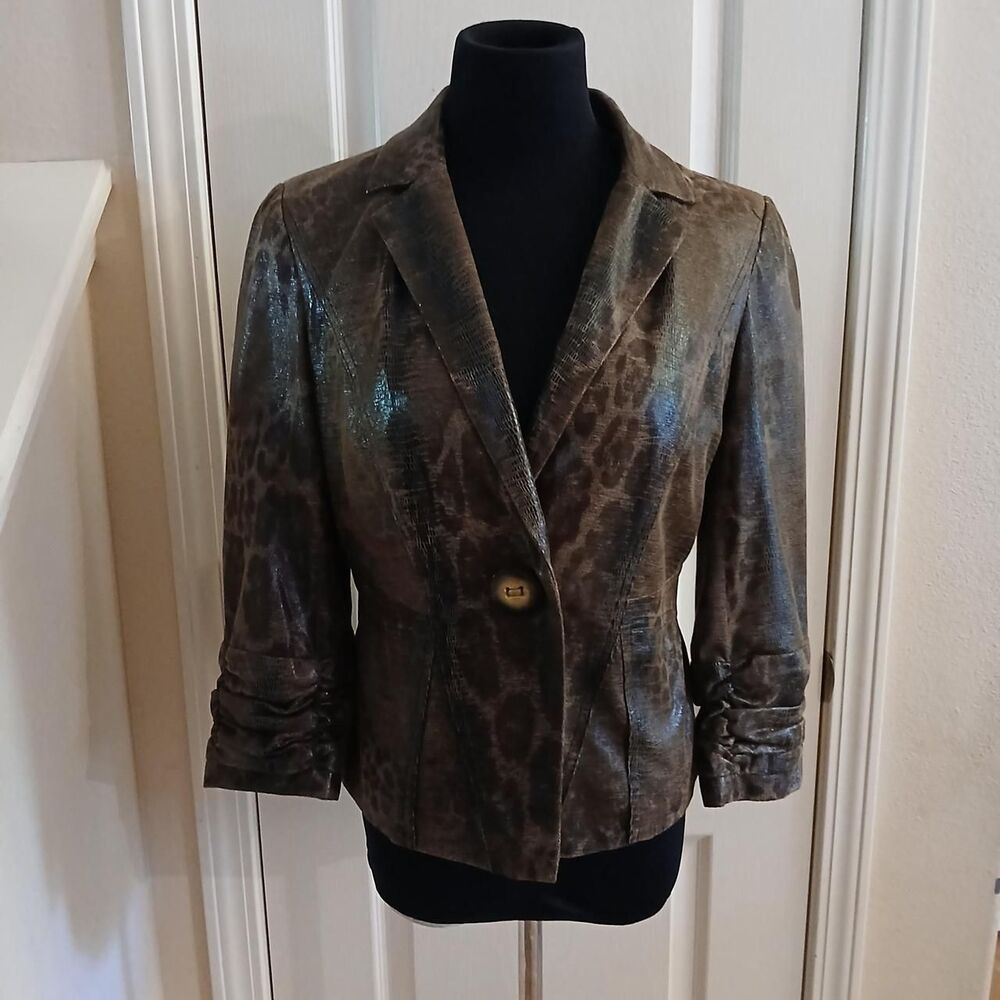 Y2K VTG Muse Boston Proper Ruched 3/4 Sleeve Leopard & Snakeskin Print Blazer 6